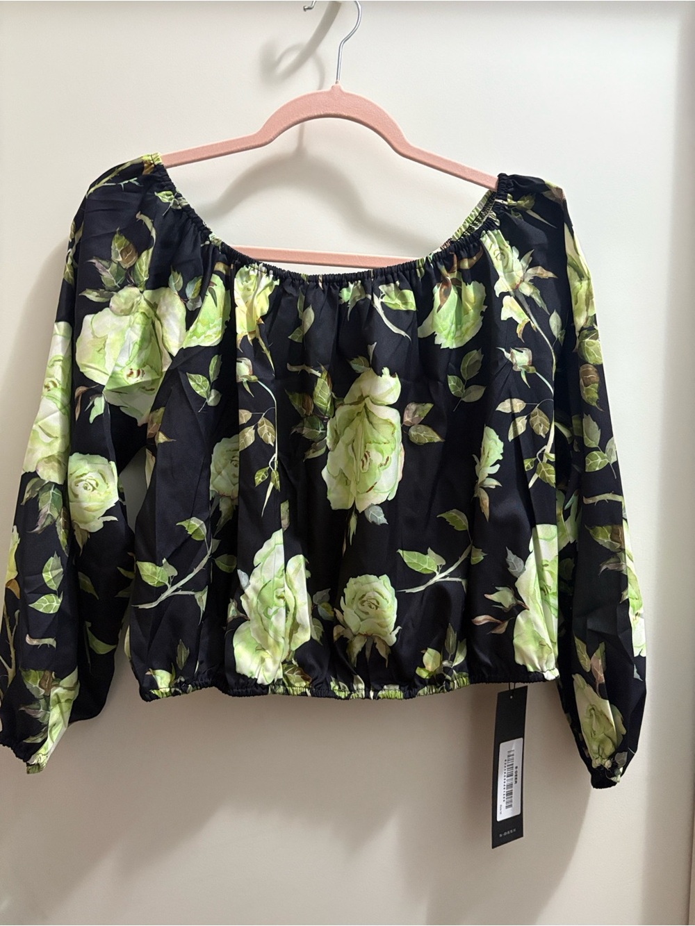 Black Off-Shoulder Crop Top with Lime Rose Print